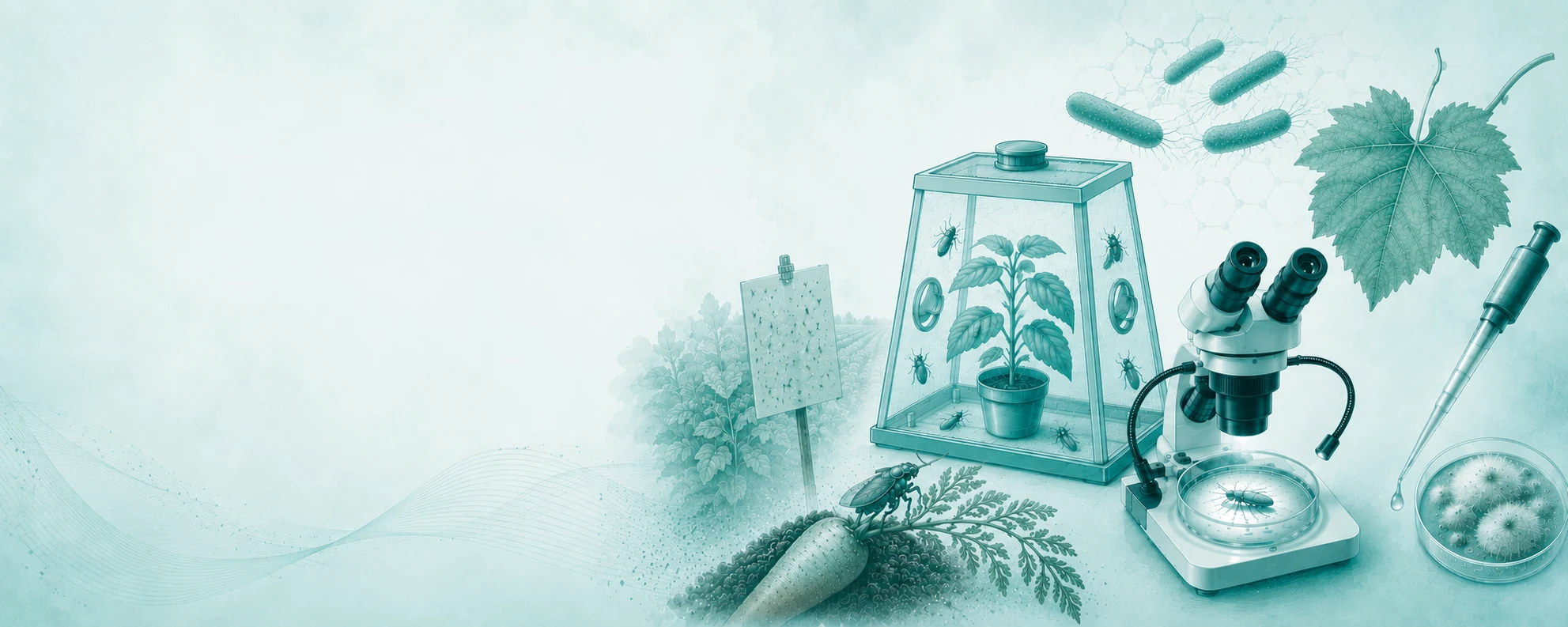 Scientific illustration connecting plants, insect vectors, microorganisms and laboratory observation.